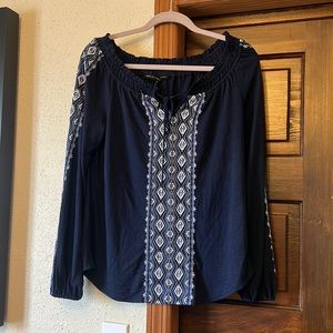 White House Black Market top blouse navy medium off shoulder.